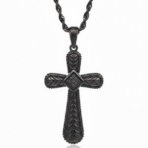 Engraved Black Cross Pendant Necklace (Stainless Steel, 24” Chain Included)
